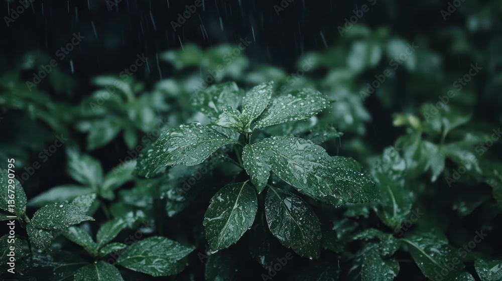 Poster Close up of green leafy plants with water droplets during rain in a moody and atmospheric setting
