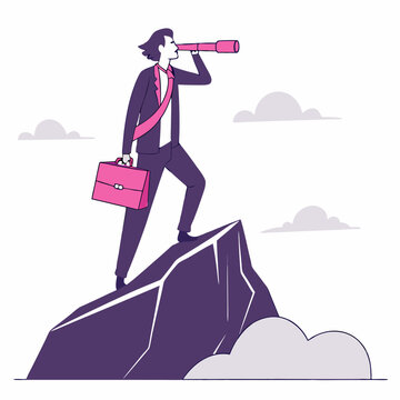 Business visionary atop mountain with telescope gazing towards future opportunities
