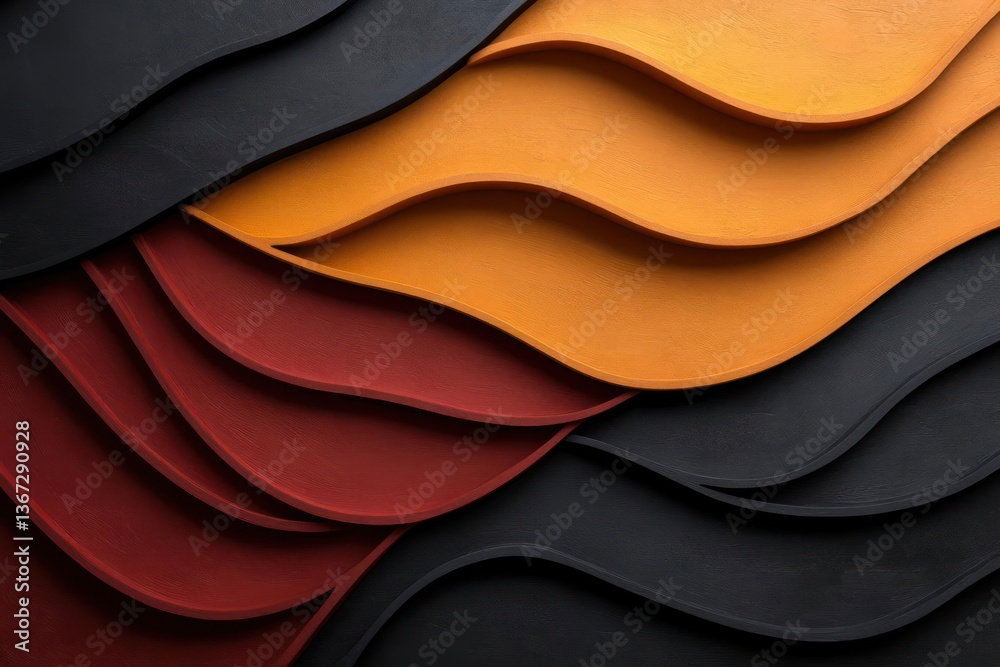 Fototapete Abstract layered wave pattern in multiple colors like black orange and red creating a textured effect with a modern and artistic look