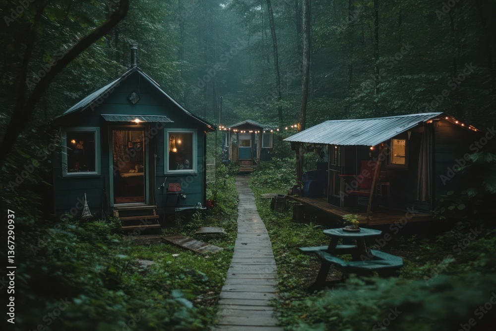 Poster small wooden cabins nestled within a dense forest during rainfall along a wooden pathway with soft l