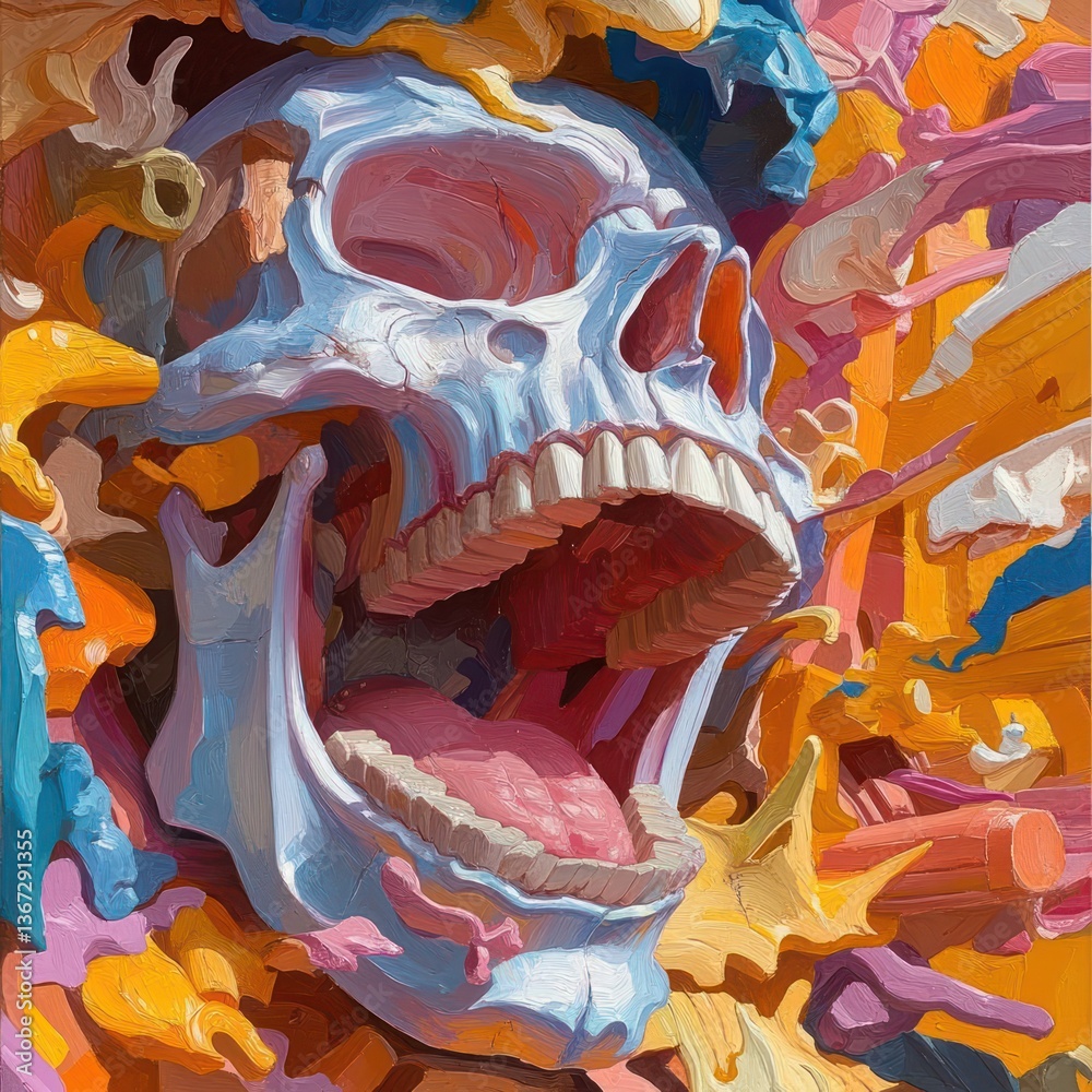 Poster Skull illustration with open mouth and colorful abstract background. Artistic textured style featuring bright colors