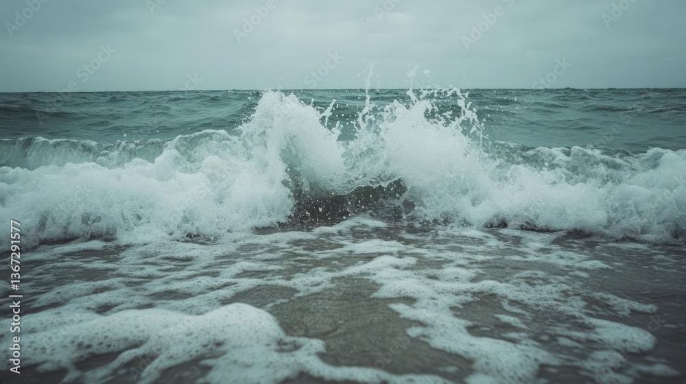 Poster Close up view of ocean waves splashing onto the shoreline creating a textured foam with the sea and sky in muted tones
