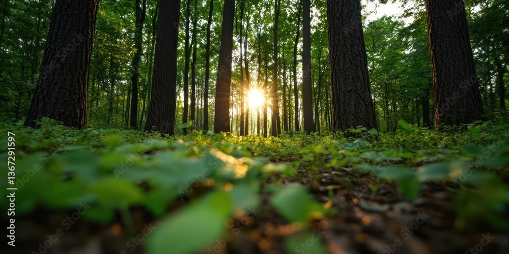 Leinwandbilder sunlight filters through a dense forest illuminating green foliage and tree trunks. the low angle sh