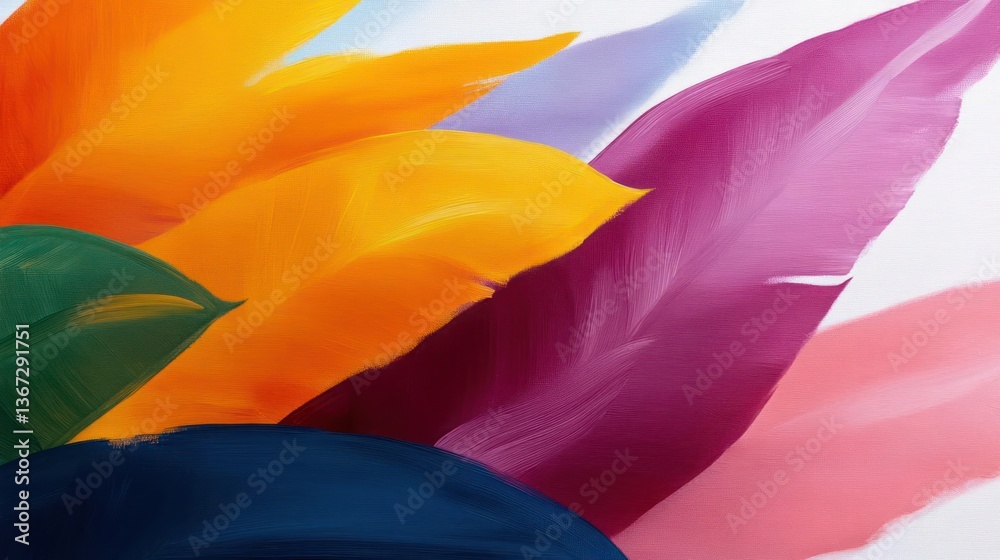 Poster Abstract textile art features overlapping layers of vibrant colors including orange yellow pink purple and green creating a dynamic and textured visual
