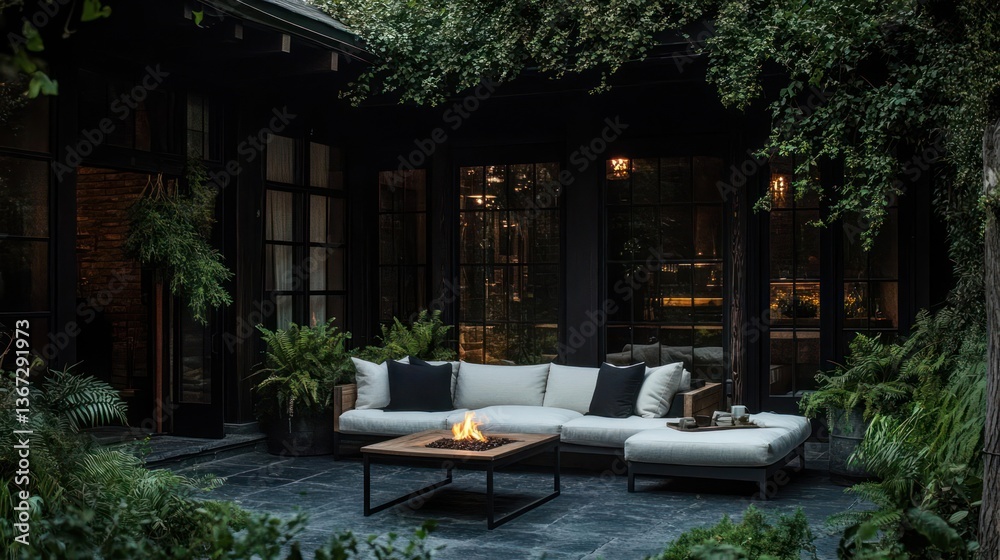 Aufkleber cozy outdoor patio setting with a fire pit surrounded by lush greenery and a comfortable sofa with p