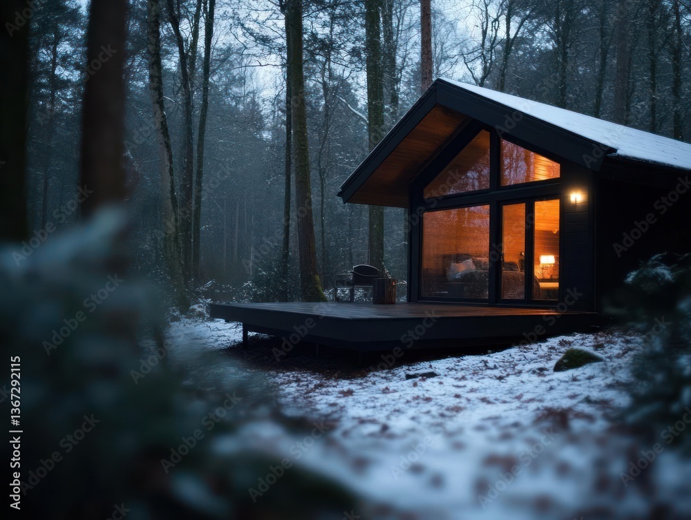 Poster cozy cabin in a snowy forest with warm interior light shining through large windows evoking tranquil