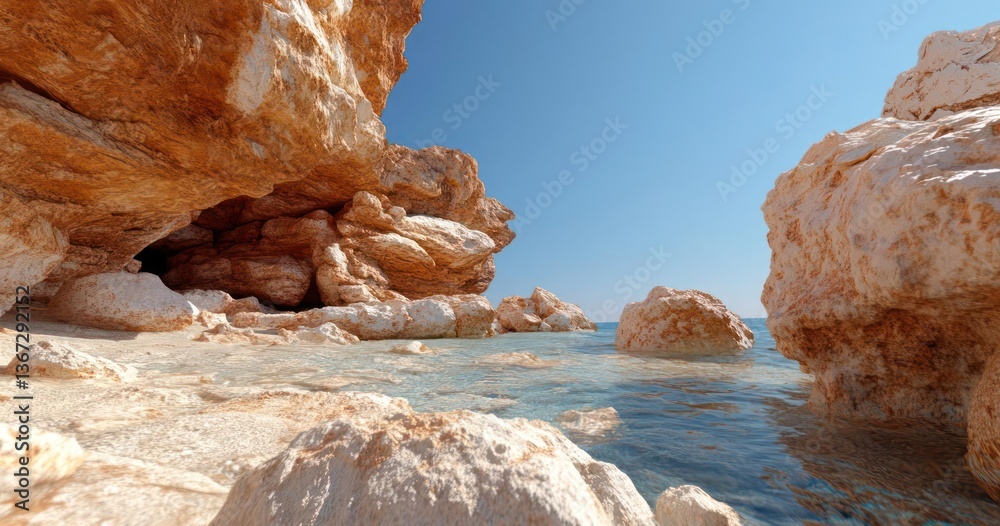 Poster coastal landscape featuring textured sandstone cliffs and turquoise water under a bright blue sky. t