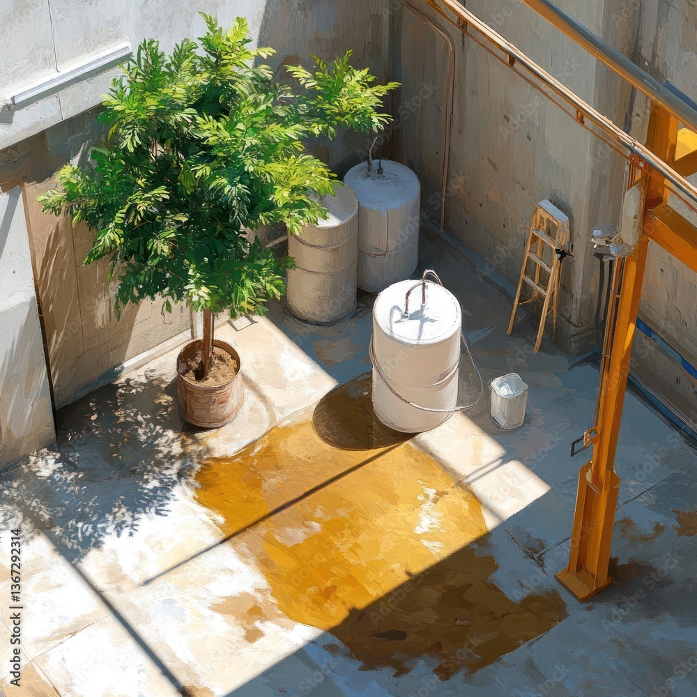 Poster overhead view of a courtyard with a potted tree yellow liquid spills industrial tanks and equipment 