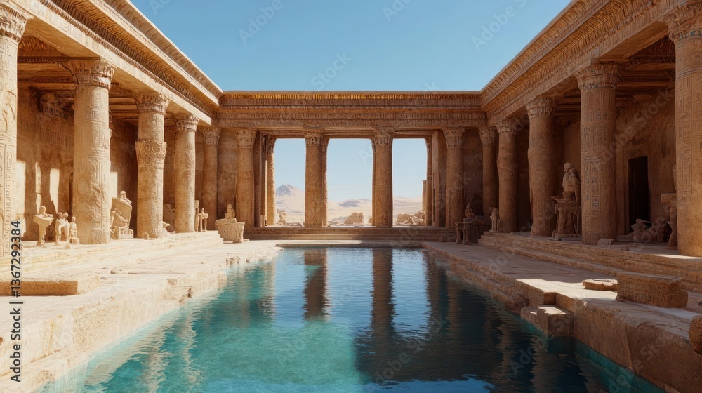Poster Ancient architectural complex with columns and a reflective pool under a clear blue sky with desert landscape in background