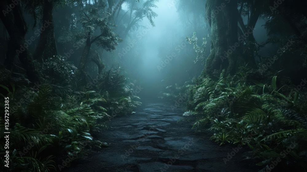 Leinwandbilder path through a dense forest with lush green foliage and glowing light, creating a mysterious atmosph