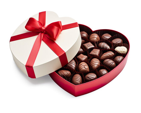 Heart shaped box of chocolates with red ribbon on a transparent background