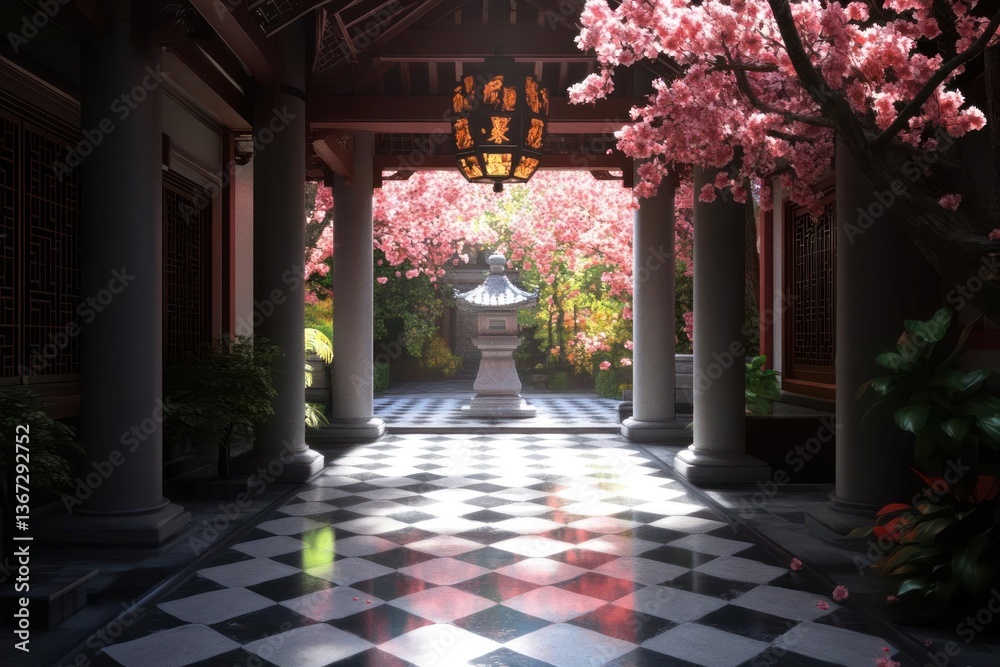 Aufkleber scenic view of a japanese temple with cherry blossoms in full bloom stone lantern and warm sunlight 