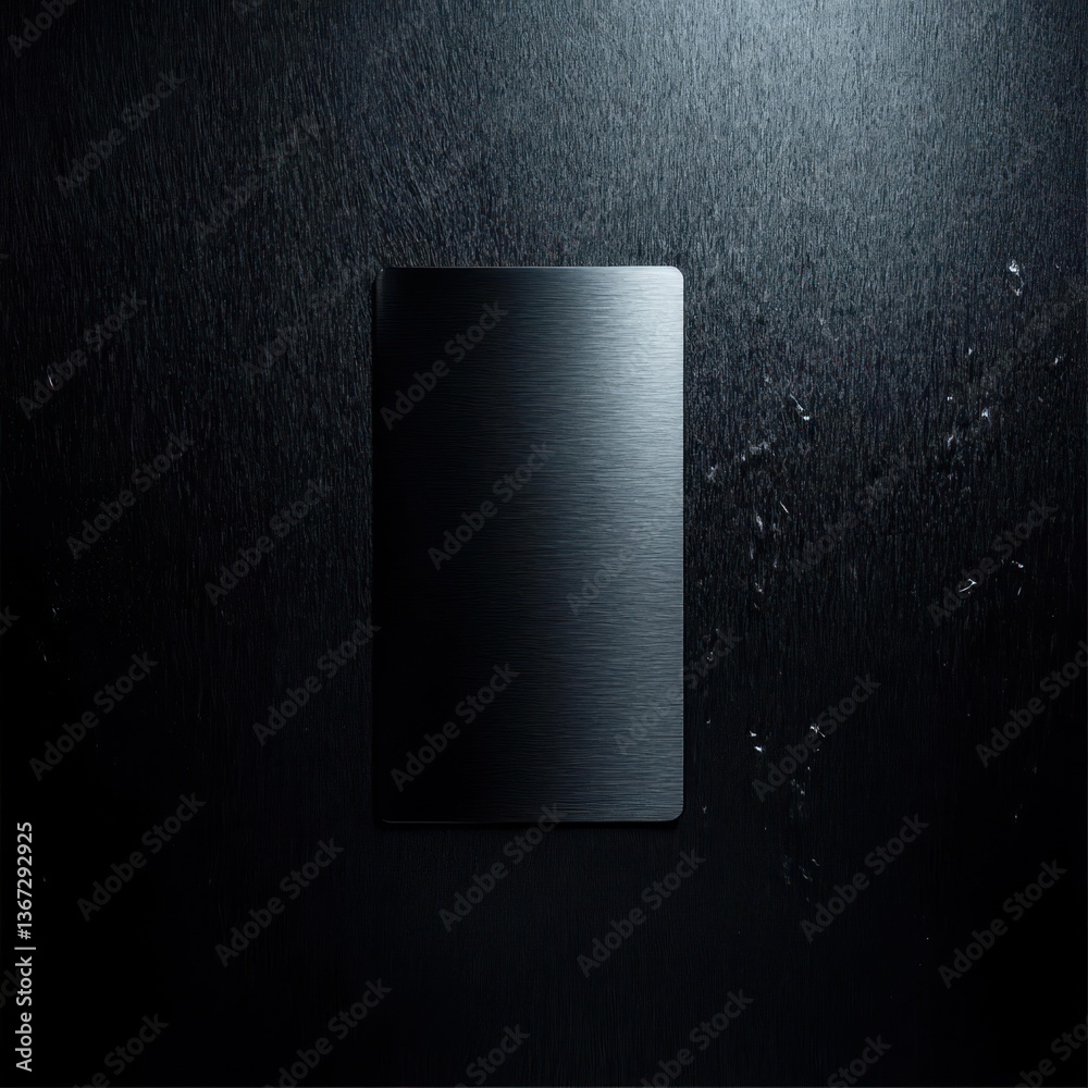 Poster Textured metal rectangle on a dark background with directional lighting creating a subtle gradient. The surface reflects light, highlighting the brushed metal