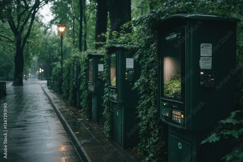 Poster dark green electric boxes along a wet pathway with lush greenery in a park setting. overcast lightin