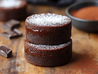 Two stacked chocolate lava cakes, dusted with powdered sugar, on a wooden board.