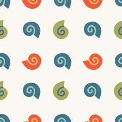Colorful seashells seamless pattern. Naive vector illustration for fabric, background, packaging, paper, cover