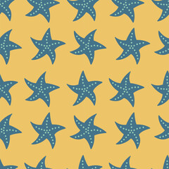 Starfish seamless pattern. Blue starfish on a yellow background. Summer vector illustration for fabric, cover, packaging, background, paper, fashion