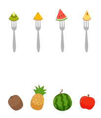 Matching children educational game. Match  of fruit slivers on forks and whole fruit. Activity for pre sсhool years kids and toddlers.