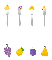 Matching children educational game. Match  of fruit slivers on forks and whole fruit. Activity for pre sсhool years kids and toddlers.