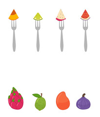 Matching children educational game. Match  of fruit slivers on forks and whole fruit. Activity for pre sсhool years kids and toddlers.