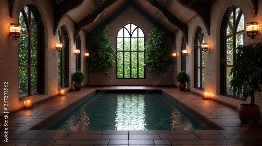 Aufkleber indoor swimming pool surrounded by arched windows with lush plants. warm lighting illuminates the sc