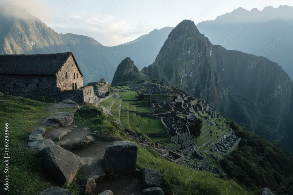Poster ancient stone structures with green vegetation and mountains under sunlight in a mountainous locatio