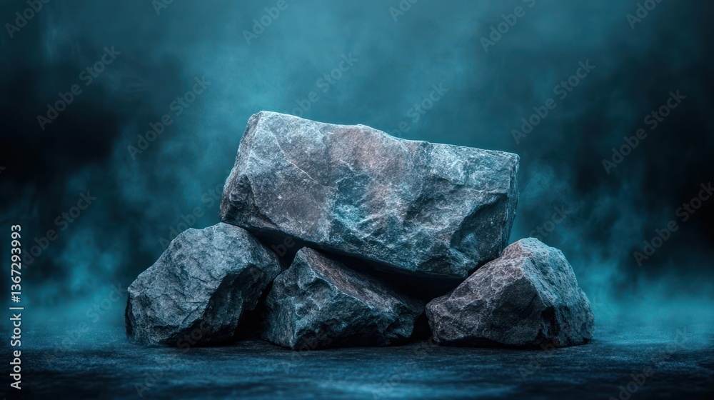 Aufkleber pile of rough textured stones illuminated by dramatic cool toned lighting against a hazy dark backgr