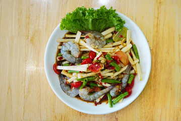 Thai spicy food, Spicy salad with raw shrimp and vegetable