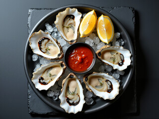 Fresh oysters are served on a black plate with ice, garnished with lemon wedges and a small bowl of cocktail sauce, creating an appealing seafood dish for gourmet dining