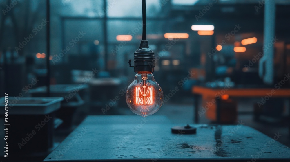Aufkleber illuminated light bulb hanging above a wet wooden table in an industrial workshop setting. soft blue