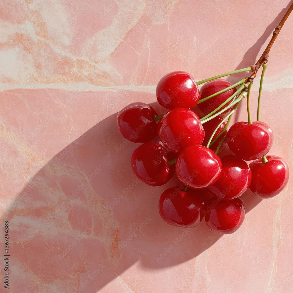 Poster close up shot of a berry bunch with green stem against a textured pink surface casting a shadow unde