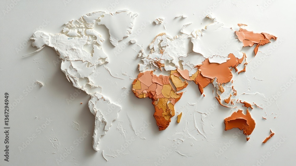 Poster Detailed map of the world with textured surfaces and a gradient color scheme. White and orange tones create a 3D effect with a subtle light