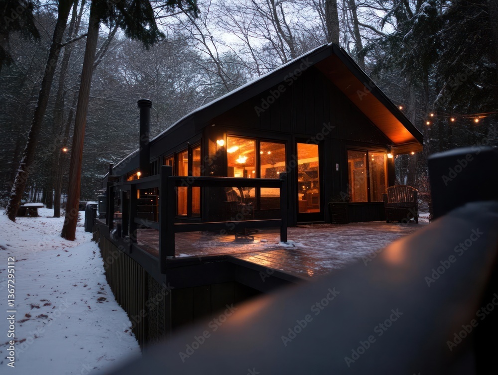Aufkleber cozy cabin exterior with warm interior lights in a snowy forest setting. snow-covered deck and trees