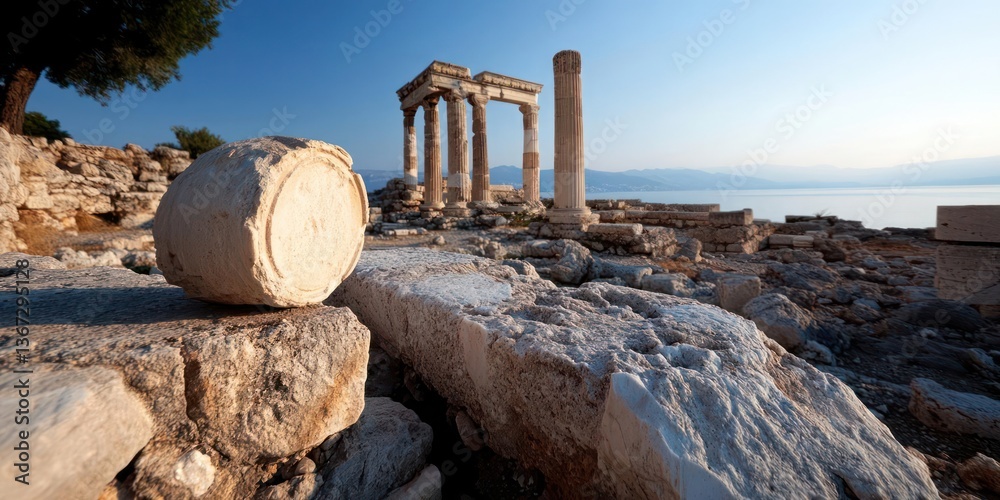 Poster Ancient ruins with columns and stone blocks near calm sea under a bright blue sky. The sun illuminates the scene highlighting textures and details of weathered structures