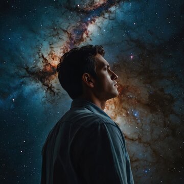 An image of a man gazing into a vast galaxy