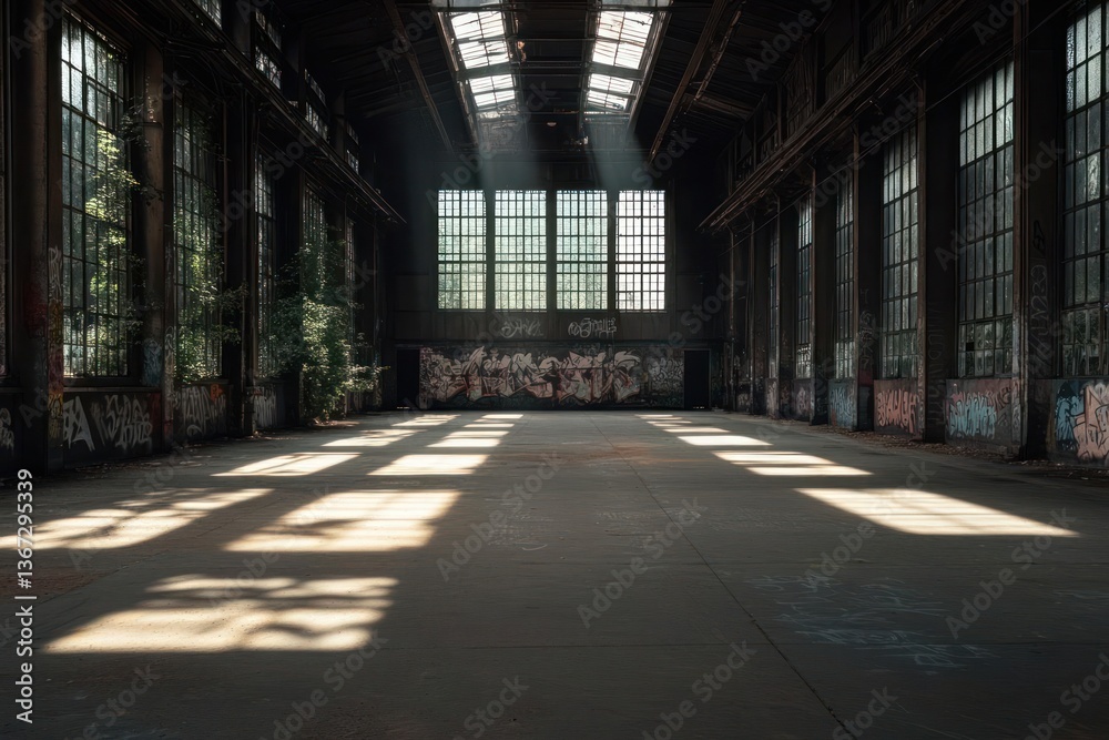Poster dilapidated interior of industrial building with sunlight streaming through windows creating dramati