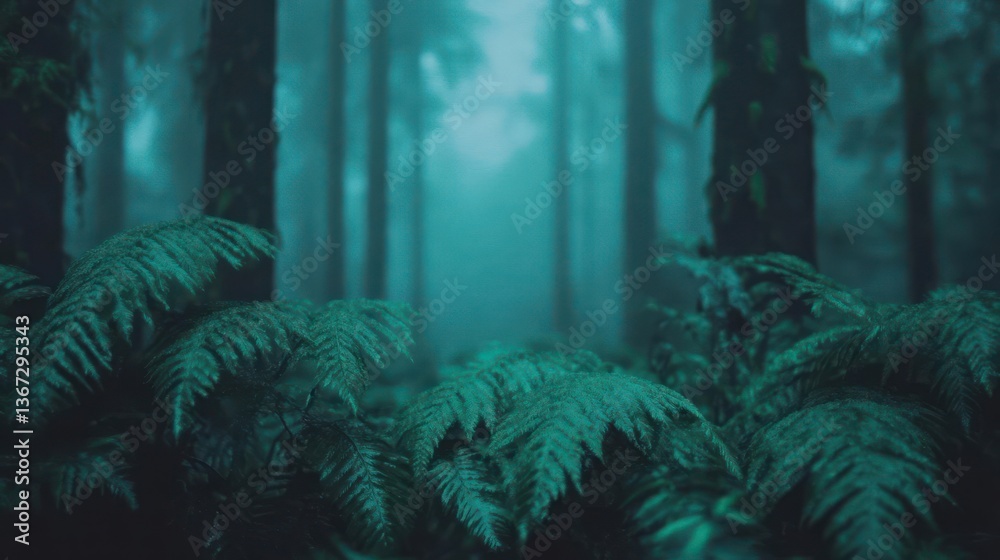 Leinwandbilder Dense forest with ferns in foreground and blurred trees in background illuminated by a blue-green mist creating a mystical atmosphere
