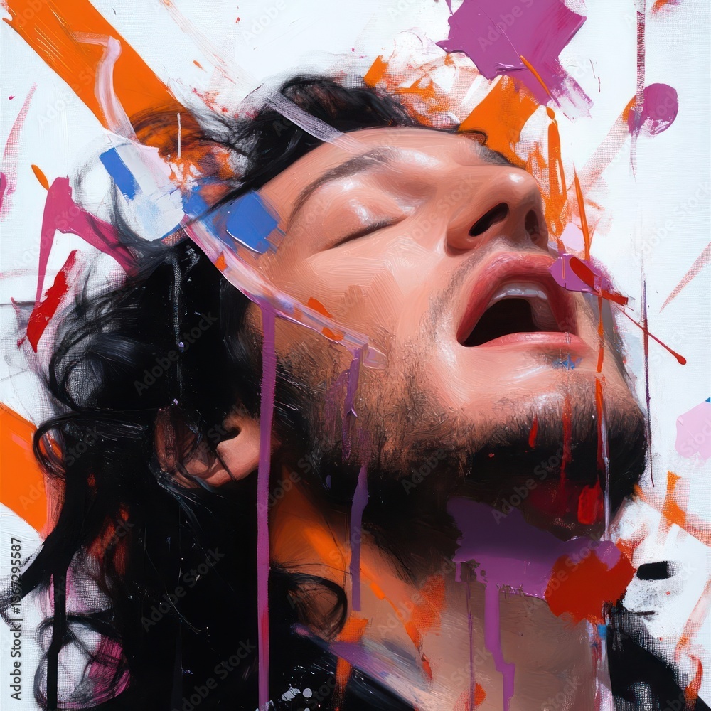 Poster Close up portrait of a man with eyes closed mouth open and colorful paint splatters around head and face. Painting style with abstract and expressive strokes