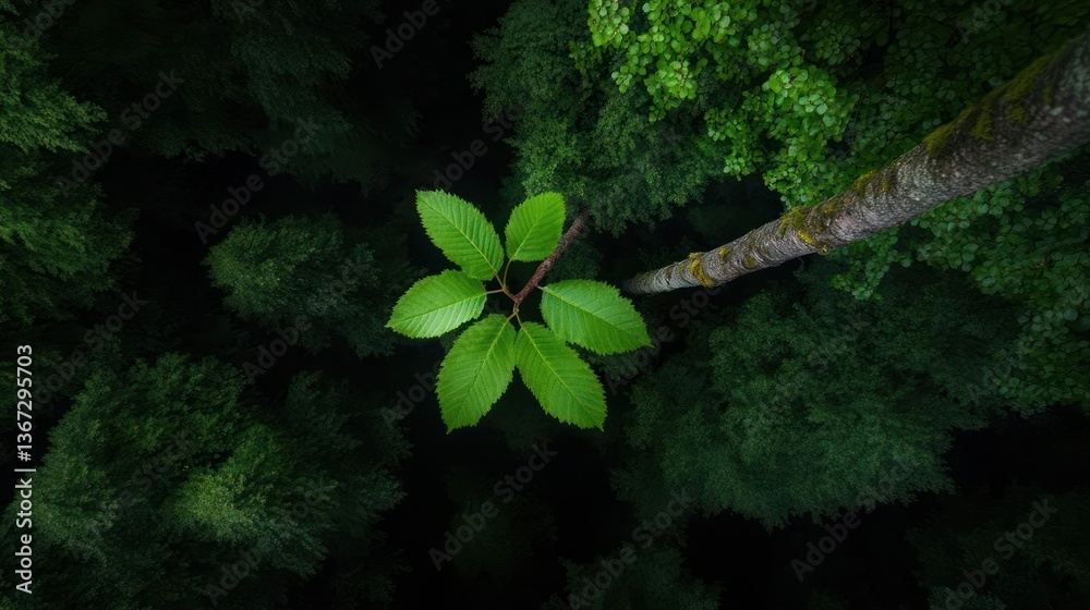 Poster aerial view of lush green forest canopy with a tree branch and vibrant green leaves forming a focal 