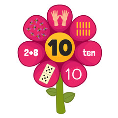 Educational material for learning numbers. Cartoon illustration cute flower. Counting 1-10.
