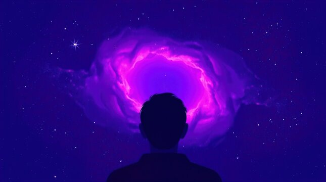 A modern, flat design image of a man gazing into a vividly colored, divided galaxy using deep ultraviolet hues. Simple, two-dimensional shapes, high contrast