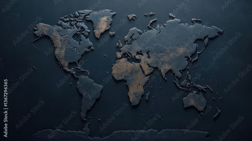Aufkleber Abstract world map mosaic in metallic textures on a dark surface represents global connectivity and data visualization