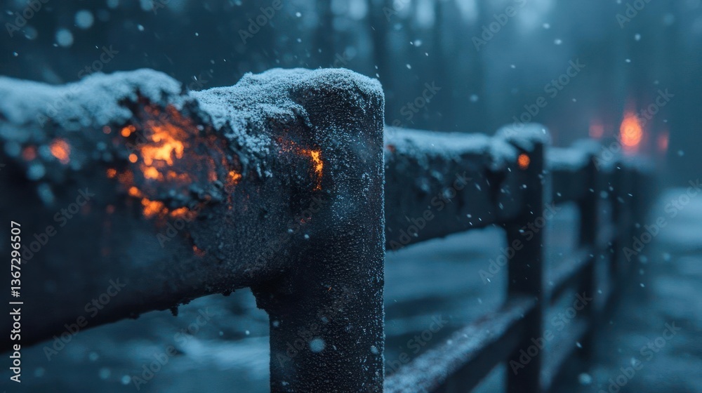 Poster snow-covered wooden fence with glowing orange lights in the background creating a serene winter land
