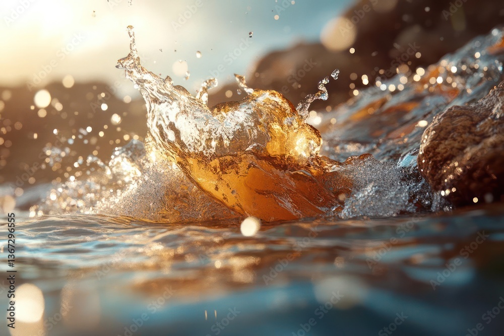 Poster Close up shot of water splash with sunlight reflecting on the water surface in a sunny day. Water drops and rocks create the scene