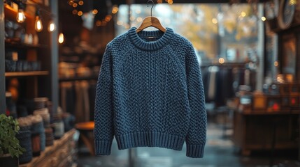 Fototapeta premium Blue textured knit sweater hanging on wooden hanger in shop.