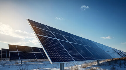 Sustainable Energy Solutions: Solar Panels in Urban Landscape at Sunrise  