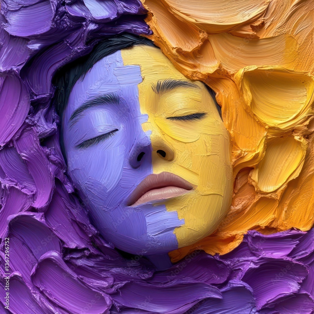 Poster Face portrait with eyes closed split into two colors purple and yellow with textured paint strokes background capturing emotional expression
