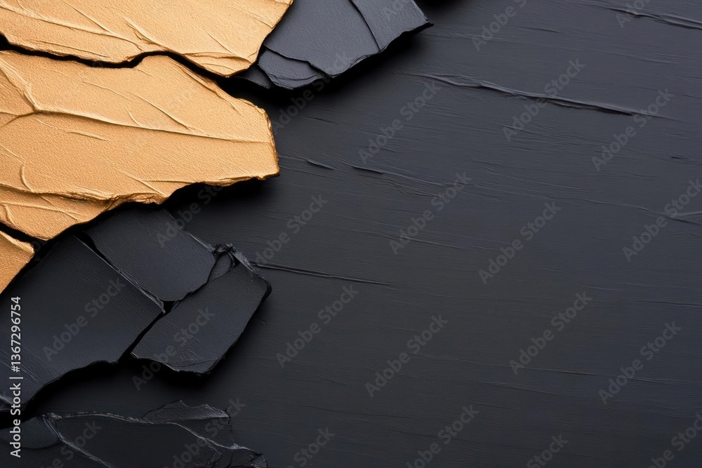Poster Abstract composition featuring textured gold and black surfaces with torn edges and contrasting color blocking evoking a modern aesthetic