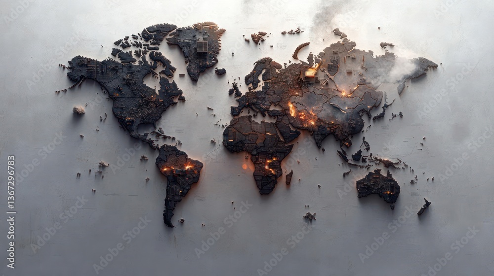 Poster Abstract digital world map illustration with volumetric pixelated effect showcasing global network connections and data transfer with dramatic lighting