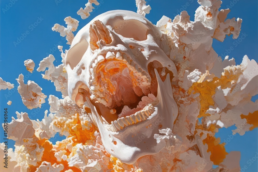 Leinwandbilder white skull exploding with geometric shapes against a vibrant blue backdrop. the skull's interior ha